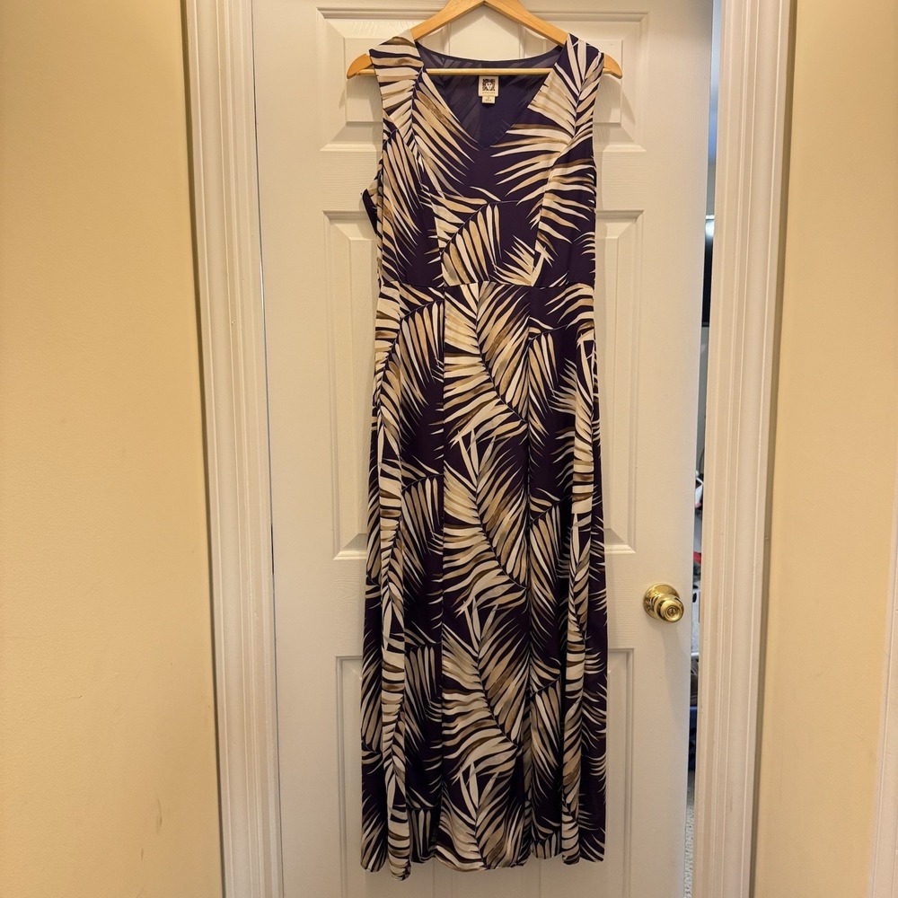 Ann Klein Structured Maxi Dress Size 10 Deep Purple Tropical Sleeveless‎